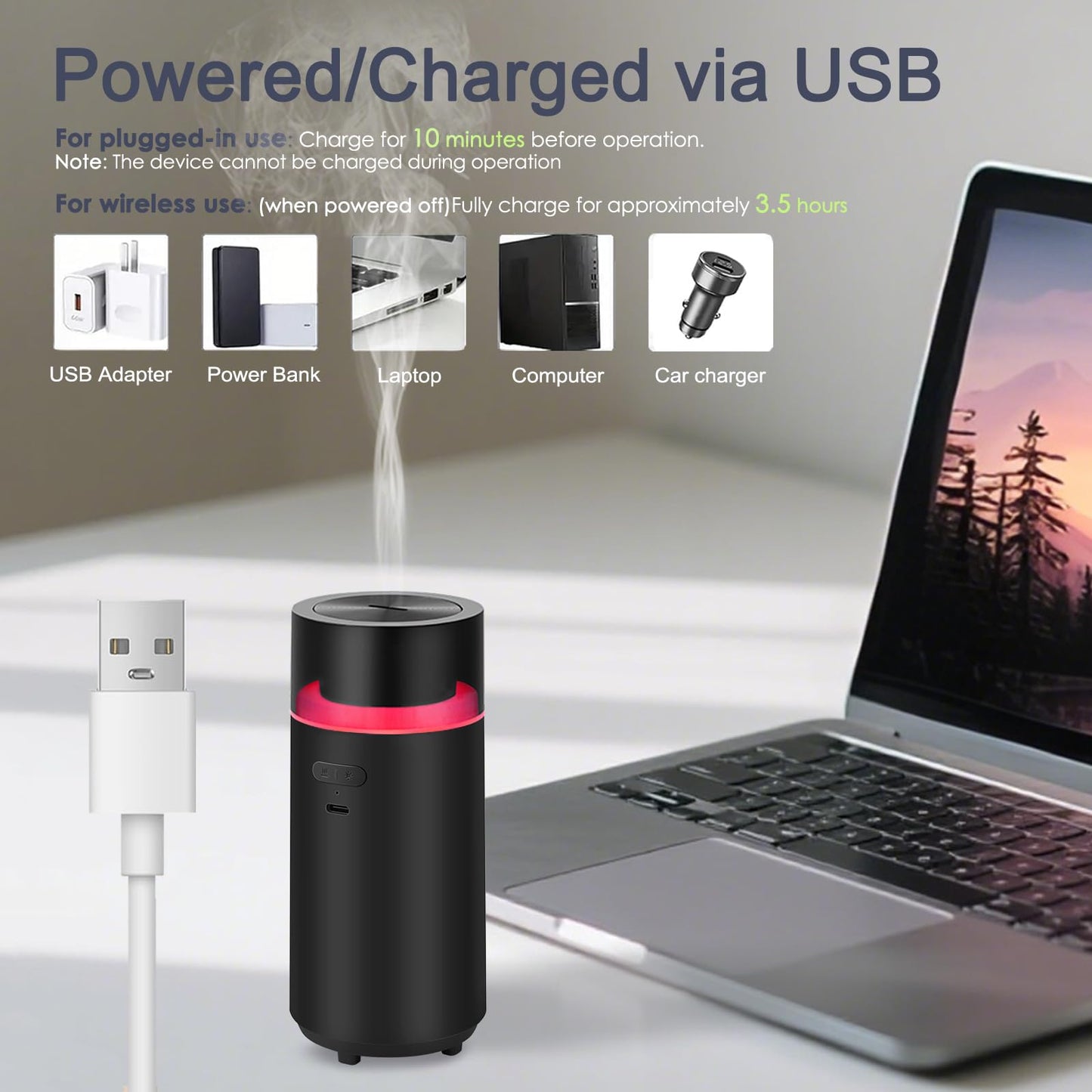 YIXIUTEN Essential Oil Car Diffuser - 3000mAh Battery, Auto On/Off, 4/8 Hour Timers, Black
