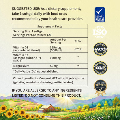 YMINGKJ Vitamin D3 K2 5000 IU 120 Softgels with Magnesium – Bone Health & Immune Support