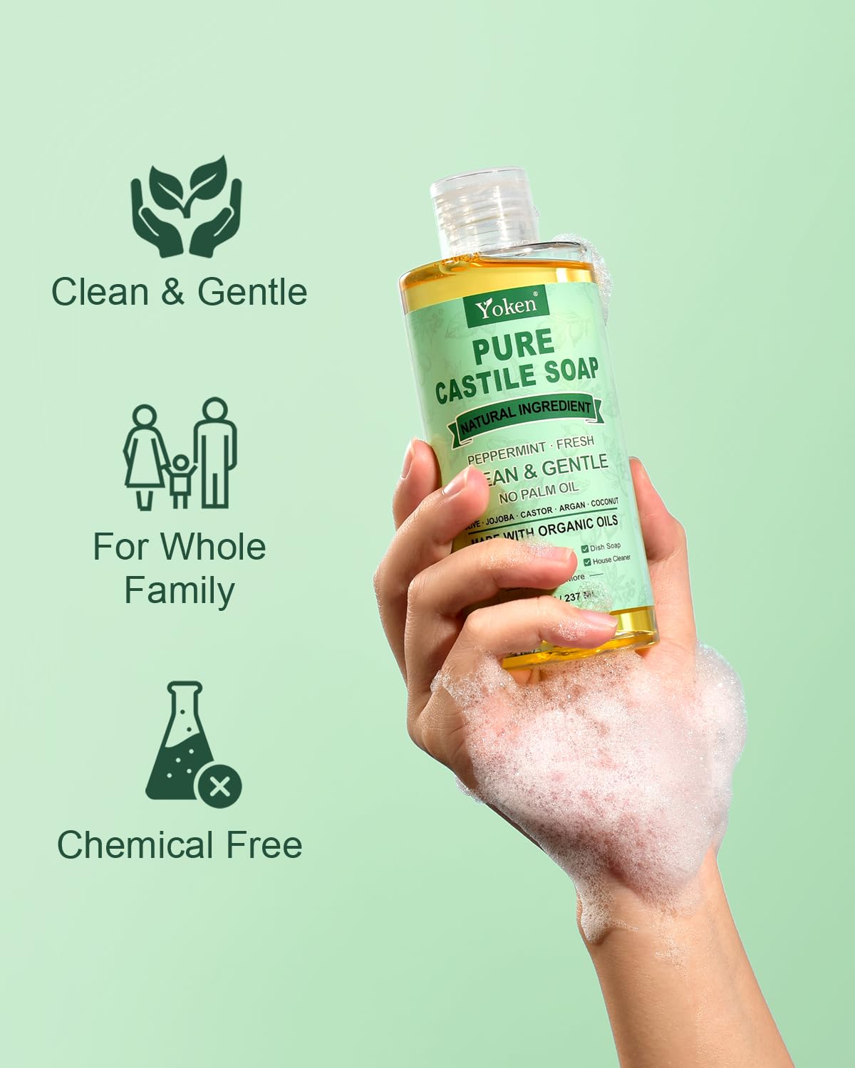 Yoken Peppermint Castile Soap Liquid 8 oz – Organic Oils, Versatile Vegan Cleanser