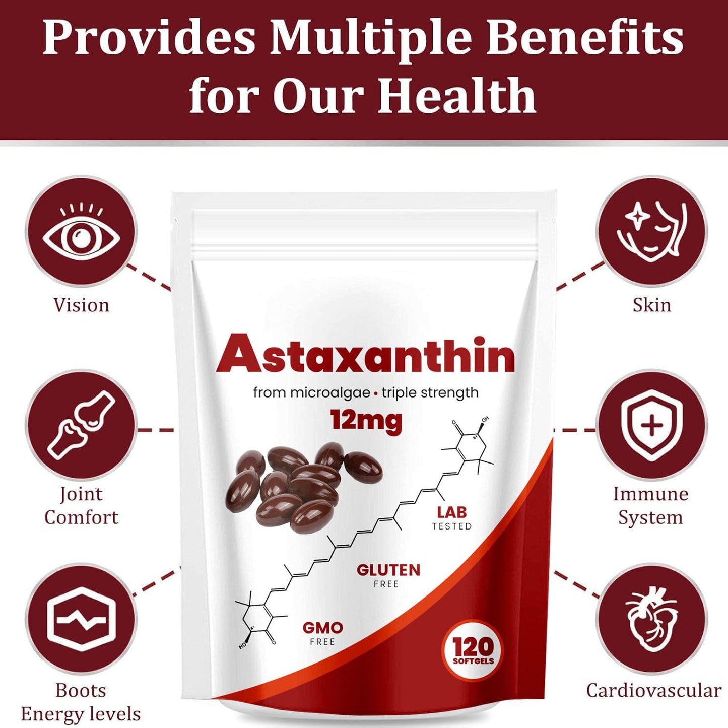 Yoqpoe Astaxanthin 12mg | Natural Antioxidant for Immune, Skin & Eye Health | 120 Softgels