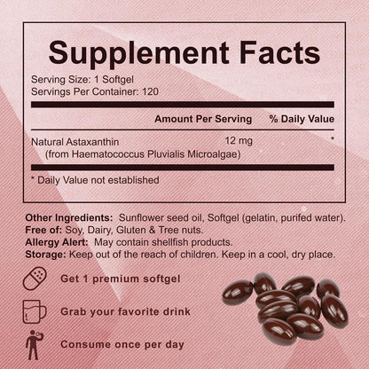 Yoqpoe Astaxanthin 12mg | Natural Antioxidant for Immune, Skin & Eye Health | 120 Softgels