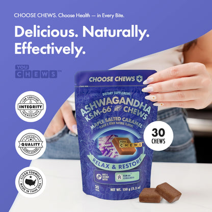 YouChews Ashwagandha KSM-66 Chews – Stress Relief & Mood Support, Organic Maple Salted Caramel, 30 Count