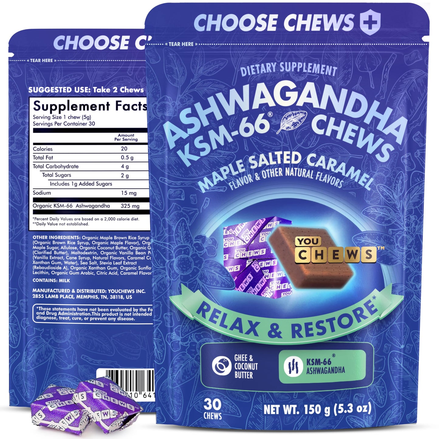 YouChews Ashwagandha KSM-66 Chews – Stress Relief & Mood Support, Organic Maple Salted Caramel, 30 Count