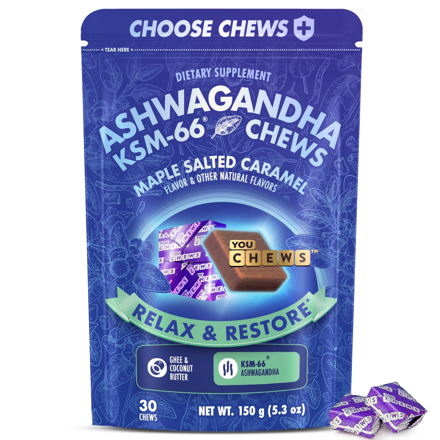 YouChews Ashwagandha KSM-66 Chews – Stress Relief & Mood Support, Organic Maple Salted Caramel, 30 Count