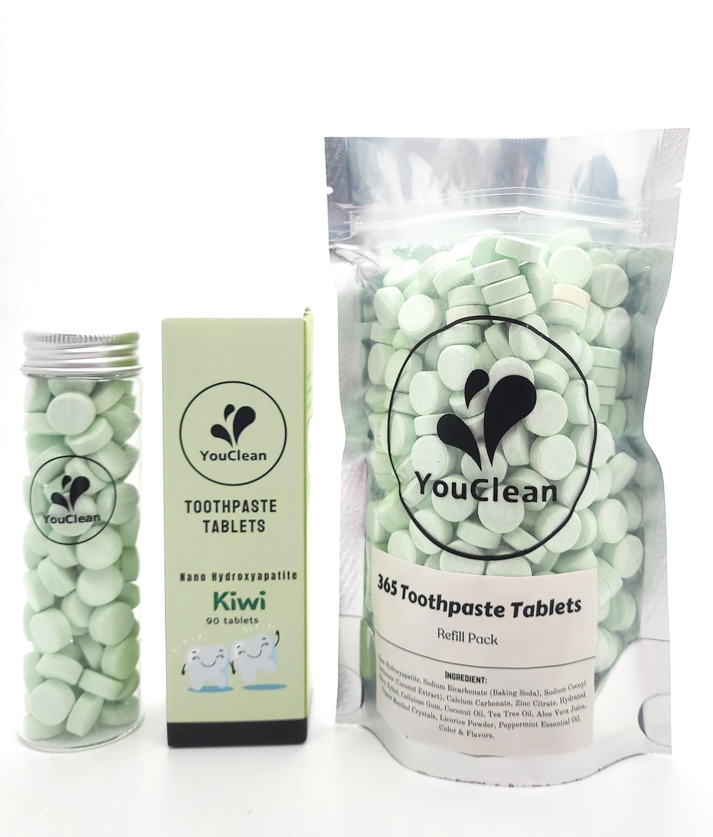YouClean Refill Pack - 365 Toothpaste Tablets | Fluoride-Free, Nano Hydroxyapatite | Travel & Daily Use | Kiwi365