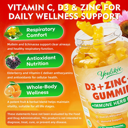 Vitamin C + D3 + Zinc Gummies for Adults - Immune Support with Elderberry & Echinacea | Orange Flavor, 60 Count