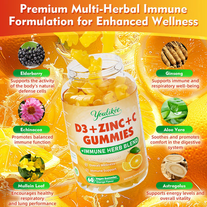 Vitamin C + D3 + Zinc Gummies for Adults - Immune Support with Elderberry & Echinacea | Orange Flavor, 60 Count