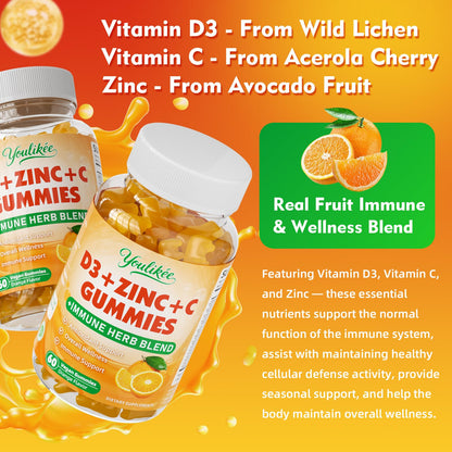 Vitamin C + D3 + Zinc Gummies for Adults - Immune Support with Elderberry & Echinacea | Orange Flavor, 60 Count