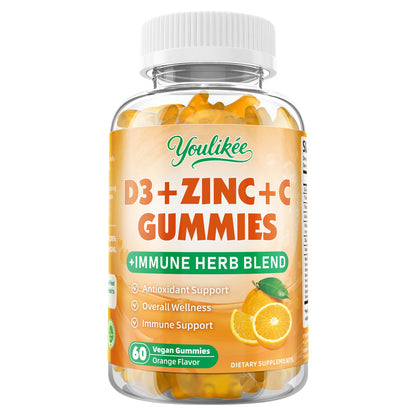 Vitamin C + D3 + Zinc Gummies for Adults - Immune Support with Elderberry & Echinacea | Orange Flavor, 60 Count