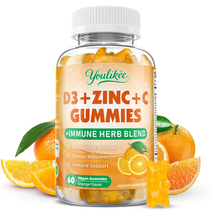 Vitamin C + D3 + Zinc Gummies for Adults - Immune Support with Elderberry & Echinacea | Orange Flavor, 60 Count