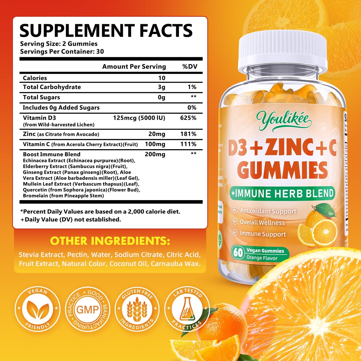 Vitamin C + D3 + Zinc Gummies for Adults - Immune Support with Elderberry & Echinacea | Orange Flavor, 60 Count