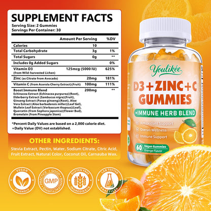 Vitamin C + D3 + Zinc Gummies for Adults - Immune Support with Elderberry & Echinacea | Orange Flavor, 60 Count