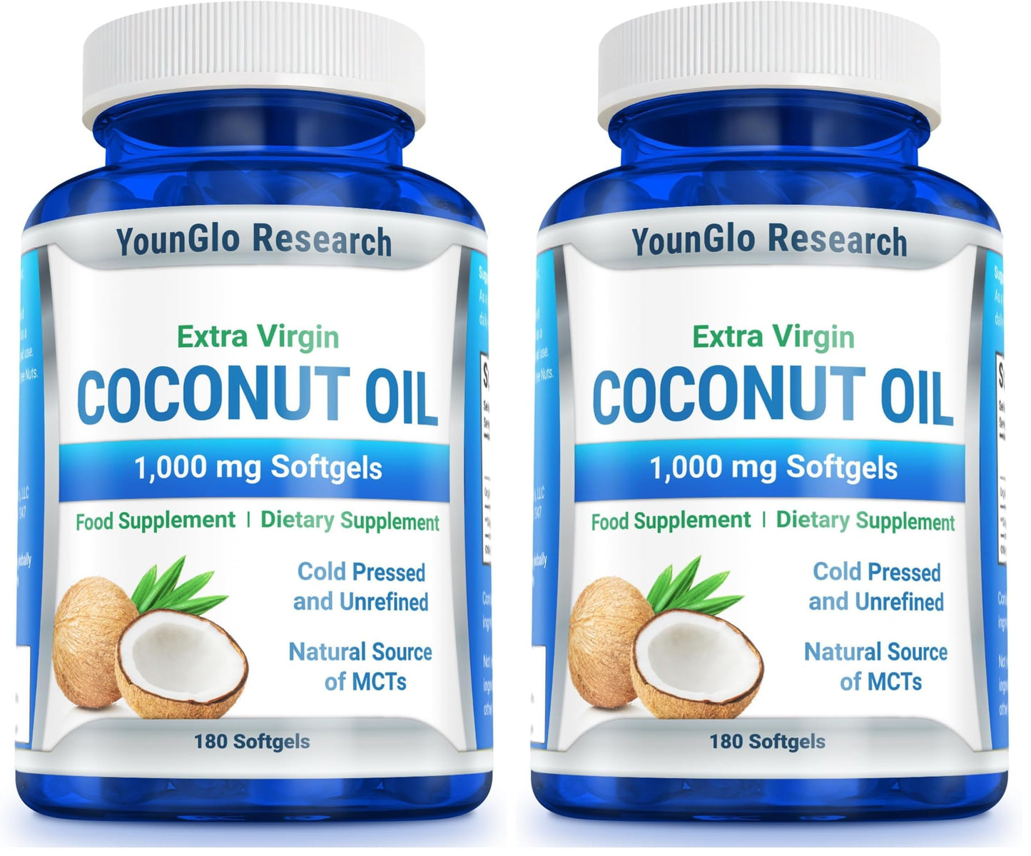 YounGlo Coconut Oil 1000 mg - Cold-Pressed Organic Extra Virgin, 180 Vegan Softgels (Pack of 2)