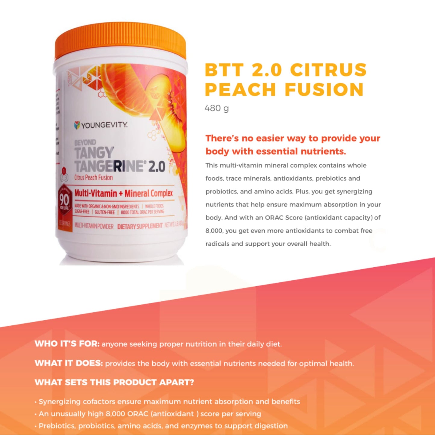 Youngevity Beyond Tangy Tangerine 2.0 Citrus Peach Fusion – Multi-Vitamin & Mineral Complex | 8,000 ORAC