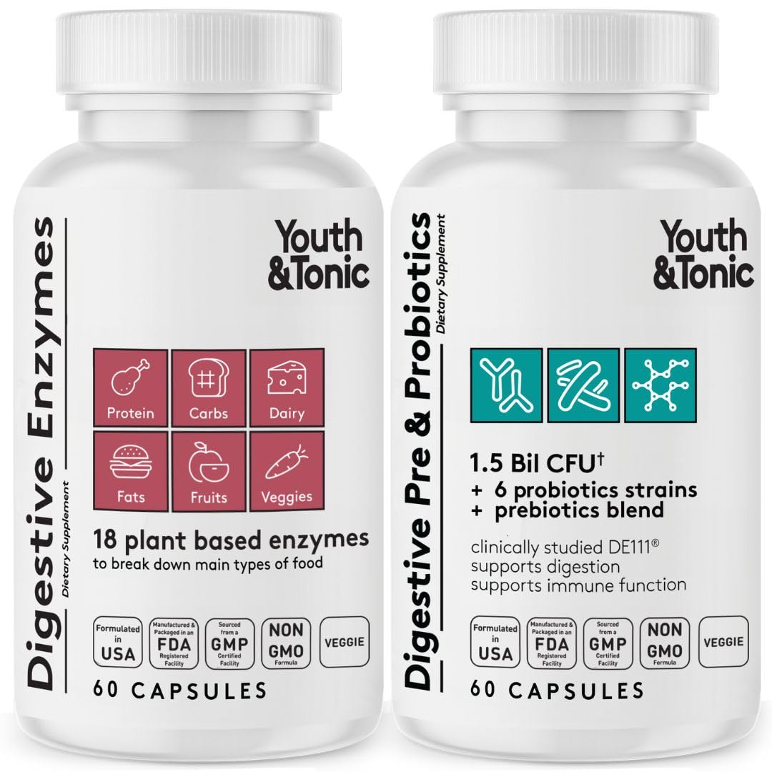 Youth & Tonic Digestive Supplement - Enzymes, Probiotics & Prebiotics for Gut Health