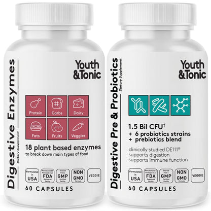 Youth & Tonic Digestive Supplement - Enzymes, Probiotics & Prebiotics for Gut Health