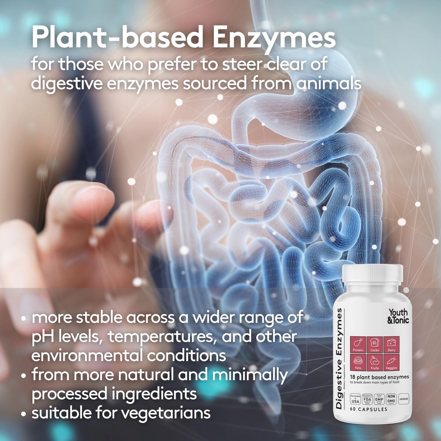 Youth & Tonic Digestive Supplement - Enzymes, Probiotics & Prebiotics for Gut Health