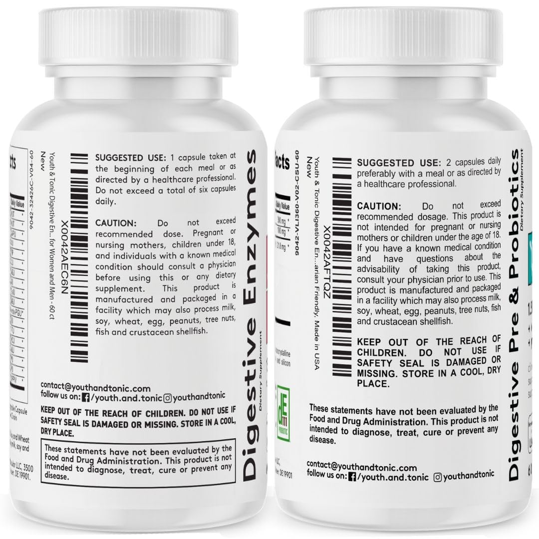 Youth & Tonic Digestive Supplement - Enzymes, Probiotics & Prebiotics for Gut Health