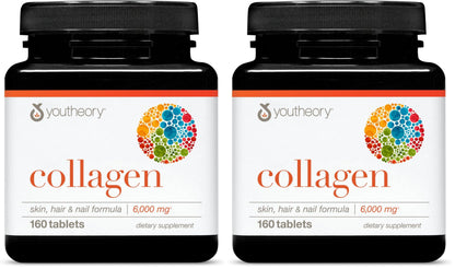 Youtheory Advanced Collagen 6,000 mg + Vitamin C | Hair Skin Nails | 160 Tablets Pack of 2