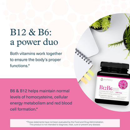 Youtheory B12B6 – Vegan B12 & B6 – Brain Health, Energy & Immunity – 60 Vegetarian Capsules
