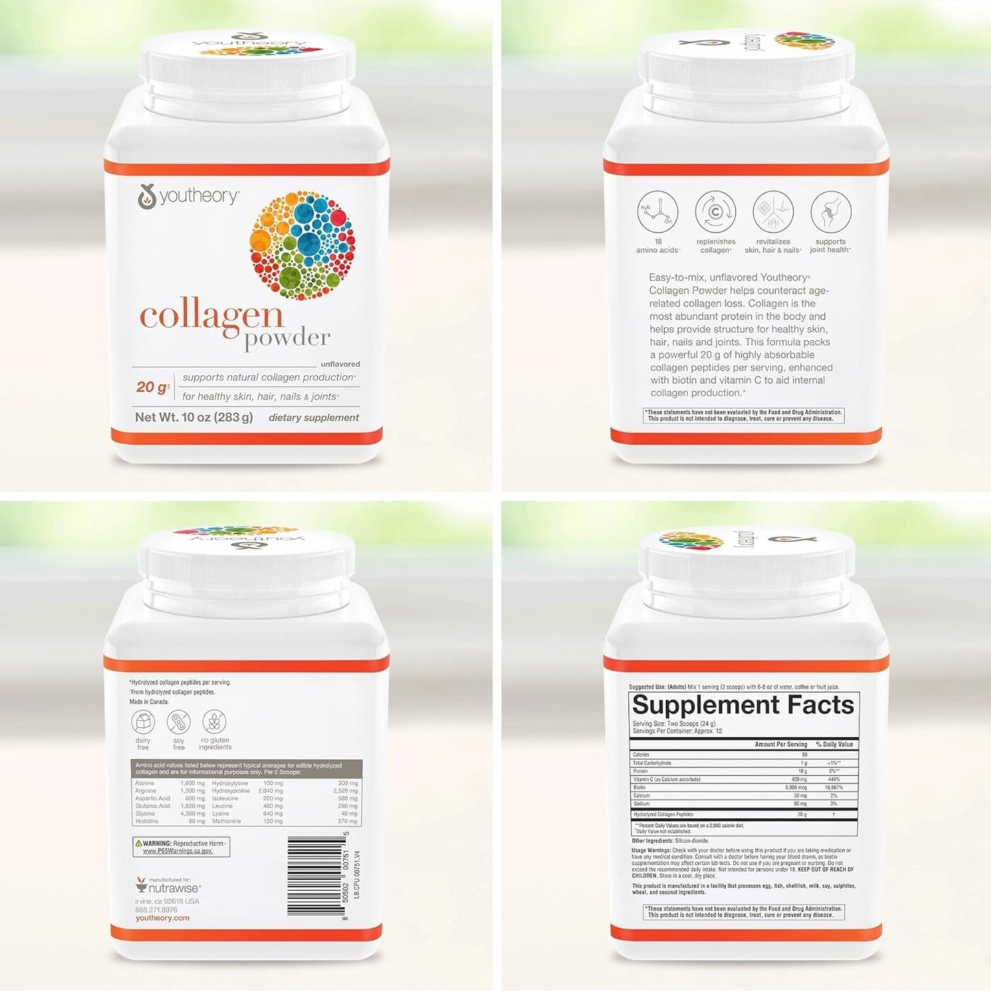 Youtheory Collagen Powder – Premium Hydrolyzed Collagen with Vitamin C & Biotin (Unflavored, 10 oz) – Dairy & Gluten Free