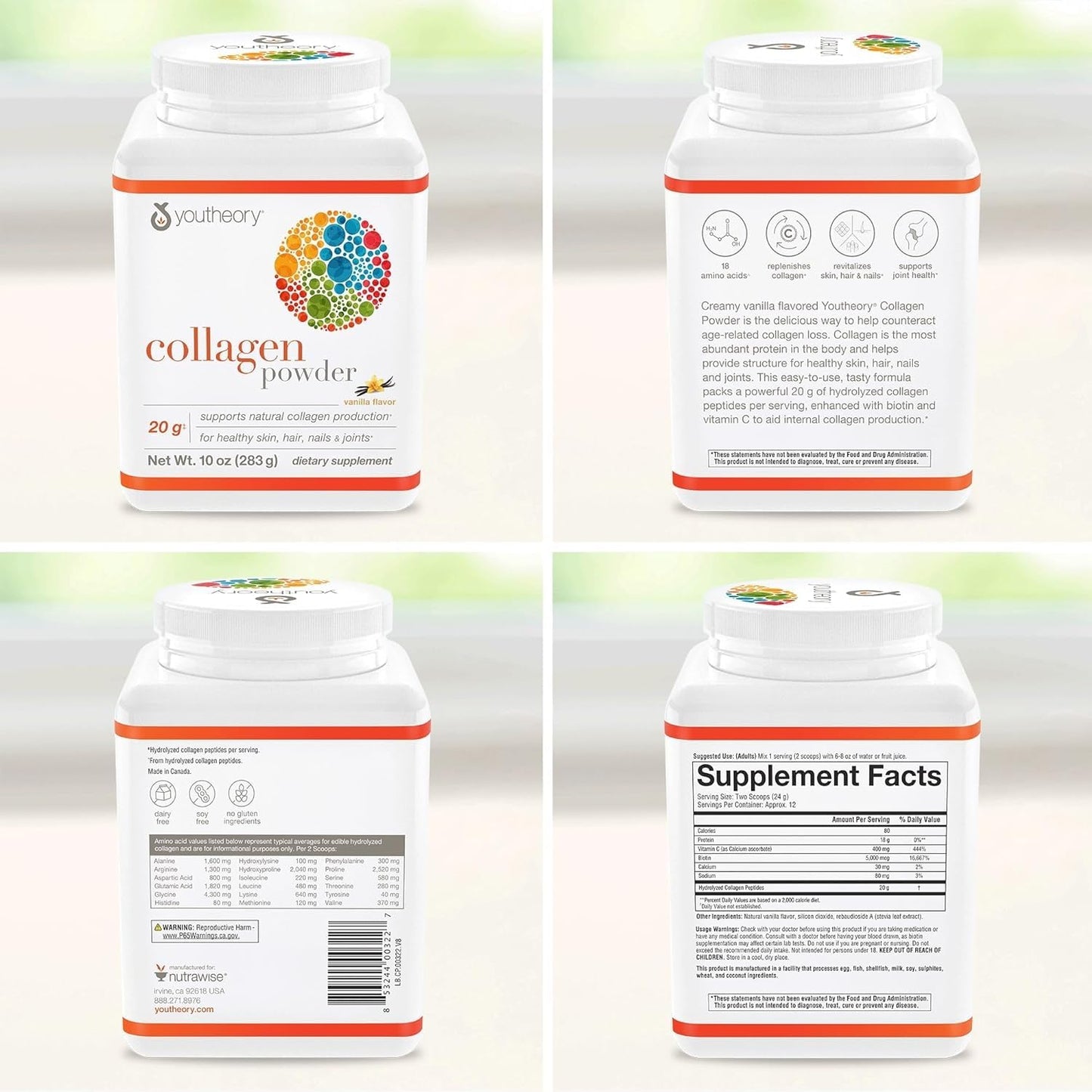 Youtheory Collagen Powder Vanilla 10 oz – Hydrolyzed Collagen with Vitamin C & Biotin