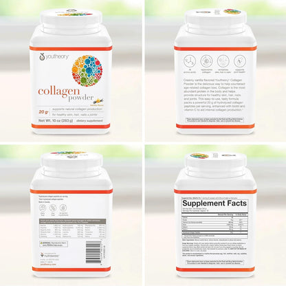 Youtheory Collagen Powder Vanilla 10 oz – Hydrolyzed Collagen with Vitamin C & Biotin