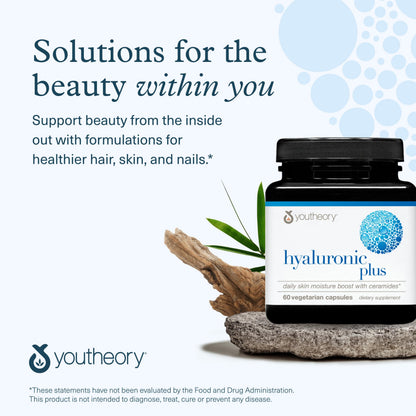 Youtheory Hyaluronic Plus – Hyaluronic Acid Supplement with Ceramides, Vitamin C, Biotin & More | 60 Vegetarian Capsules