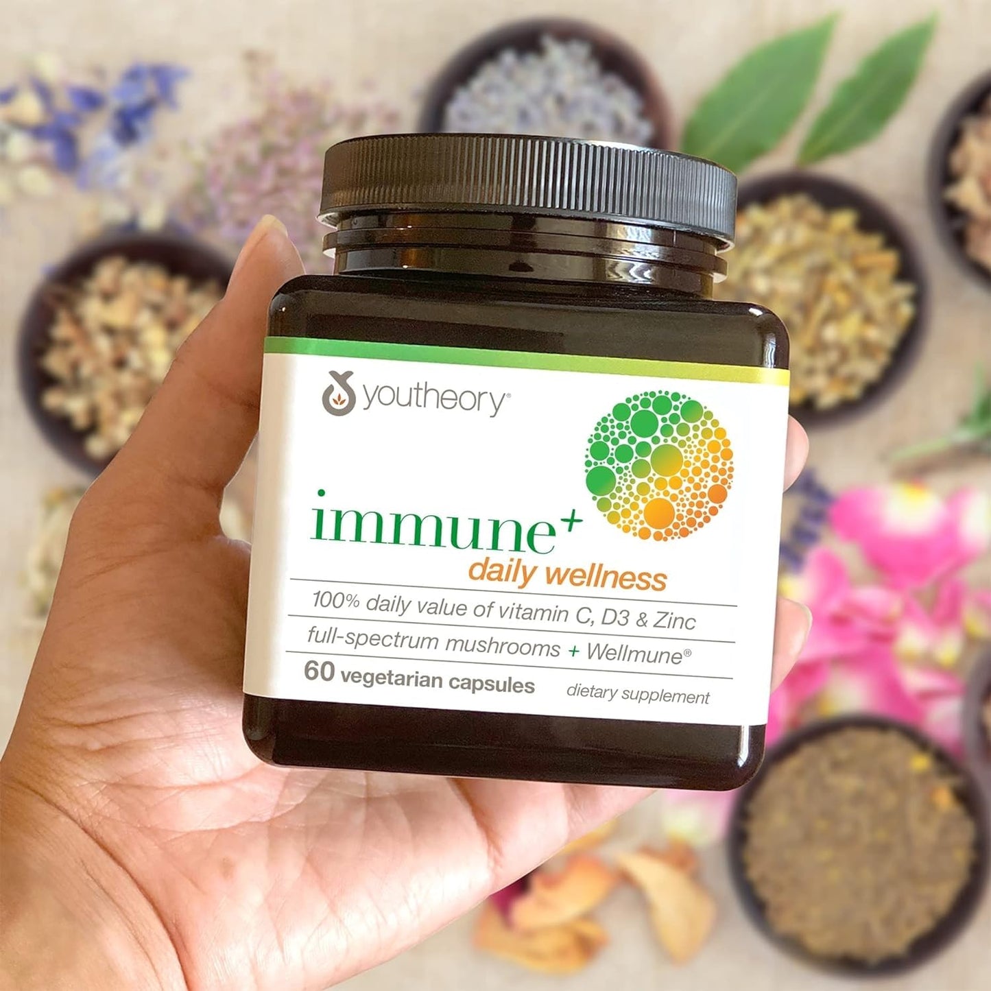 Youtheory Immune+ Daily Wellness – Vegetarian Immune Support (Vitamin C, D3, Zinc) 60 Veg Caps