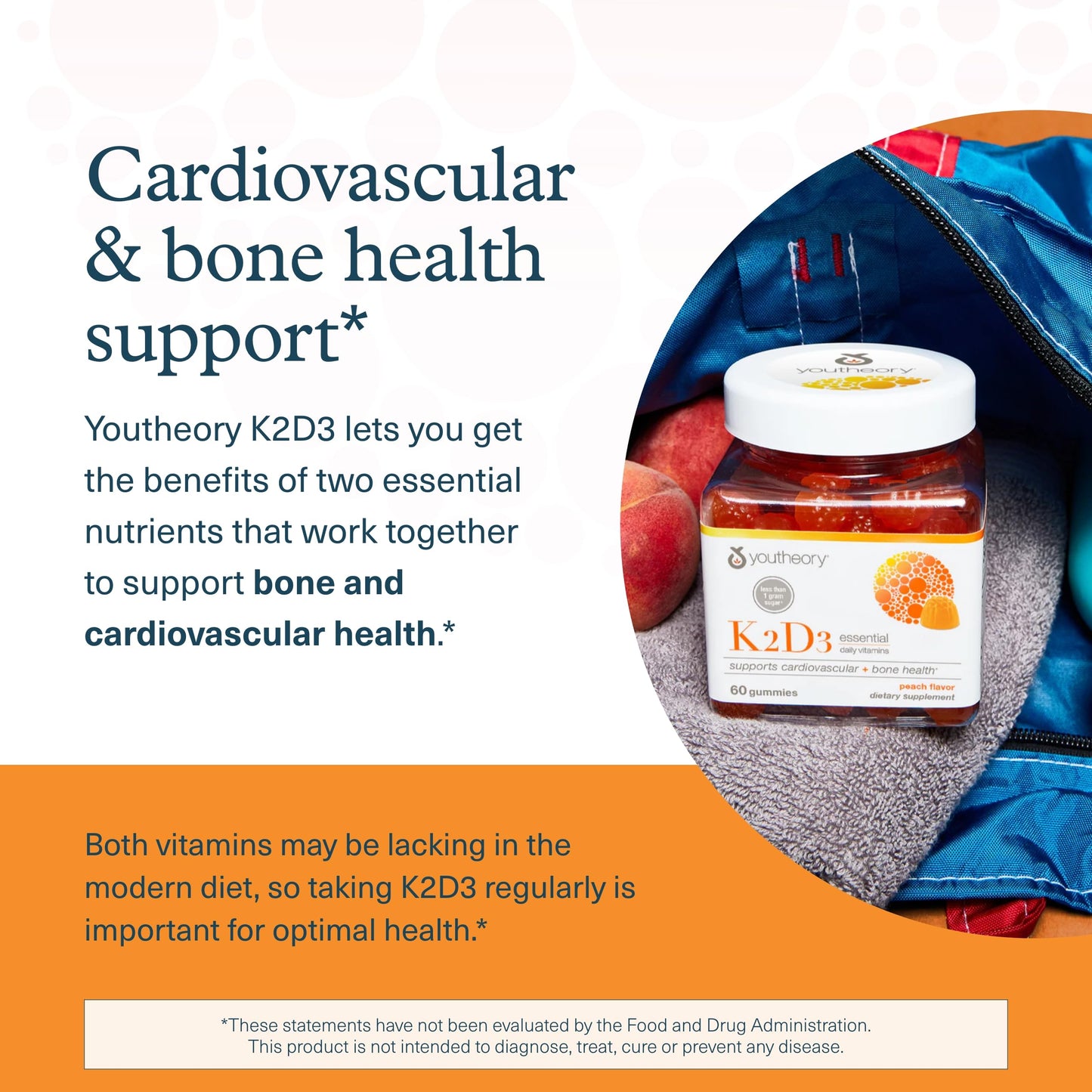 Youtheory K2D3 Bone & Heart Health Support – Peach Gummies (Dairy, Gluten & Soy Free) Pack of 2