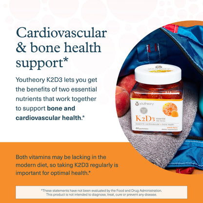 Youtheory K2D3 Bone & Heart Health Support – Peach Gummies (Dairy, Gluten & Soy Free) Pack of 2