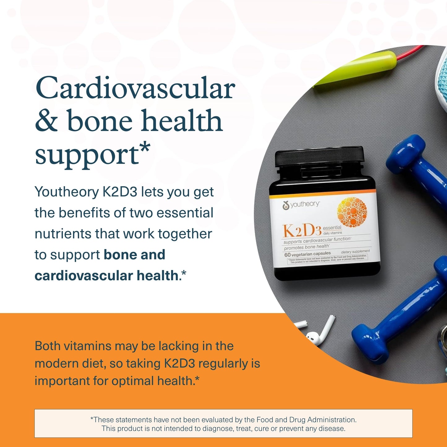 Youtheory K2D3 - Bone & Heart Health Support | D3 & K2 | Dairy, Soy & Gluten Free | 60 Veg Capsules