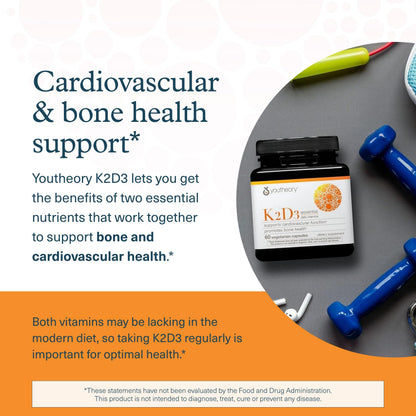 Youtheory K2D3 - Bone & Heart Health Support | D3 & K2 | Dairy, Soy & Gluten Free | 60 Veg Capsules
