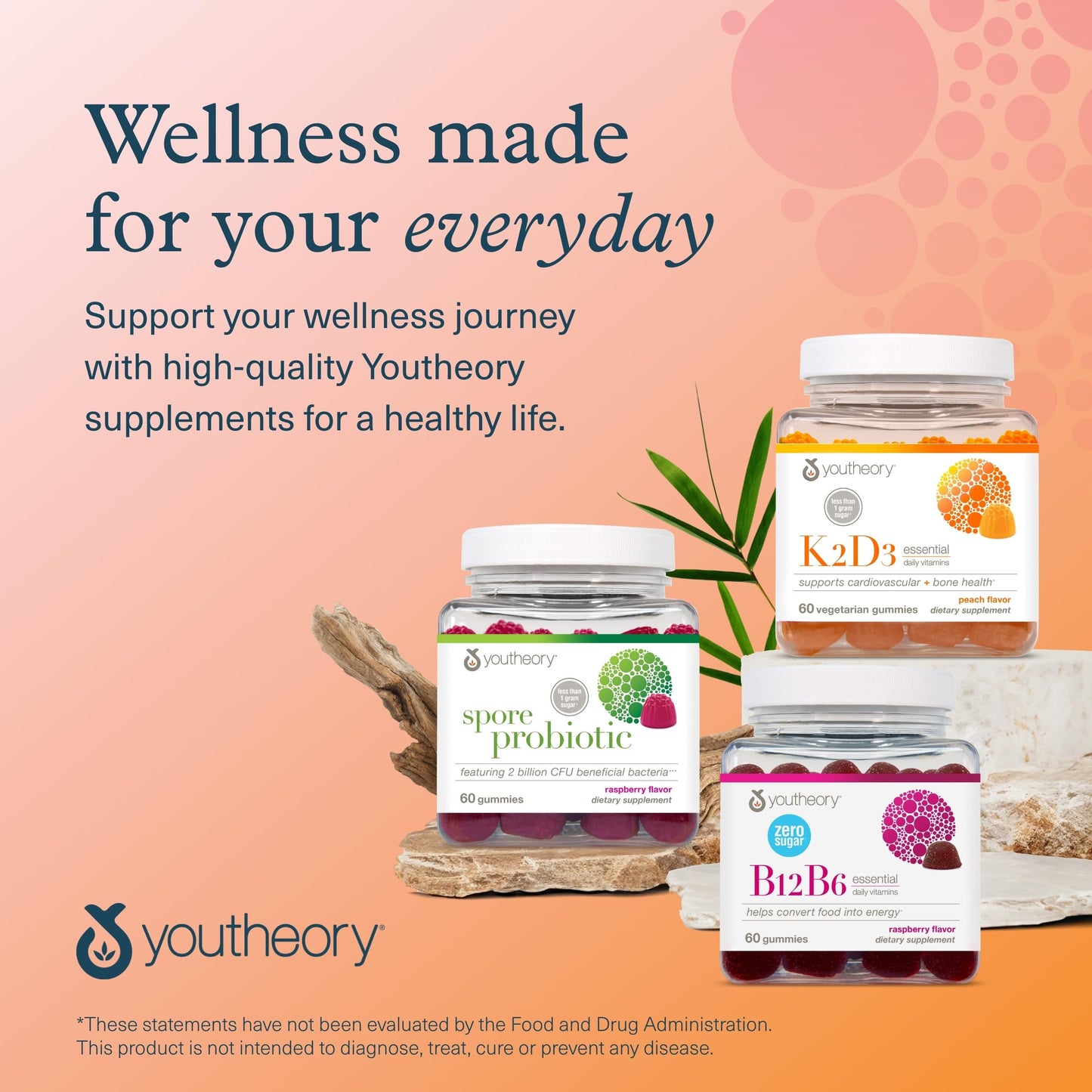 Youtheory K2D3 – Bone & Heart Health Support* (D3 + K2) – Peach, 60 Vegetarian Gummies