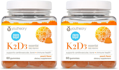 Youtheory K2D3 Bone & Heart Health Support – Peach Gummies (Dairy, Gluten & Soy Free) Pack of 2