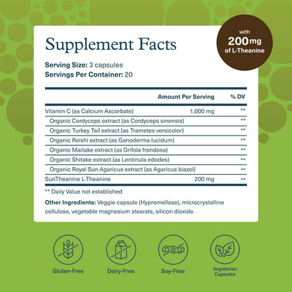Youtheory Mushroom Stress Complex – Organic Full-Spectrum Mushrooms with L-Theanine | 60 Vegetarian Capsules