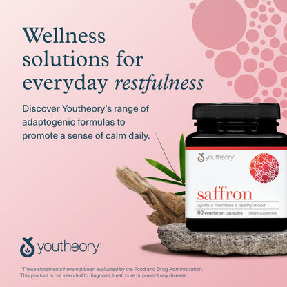 Youtheory Saffron - Vegan Energy Supplement for Men & Women* - Contains Rhodiola Rosea & Ashwagandha - Dairy, Soy & Gluten Free - 60 Vegetarian Capsules