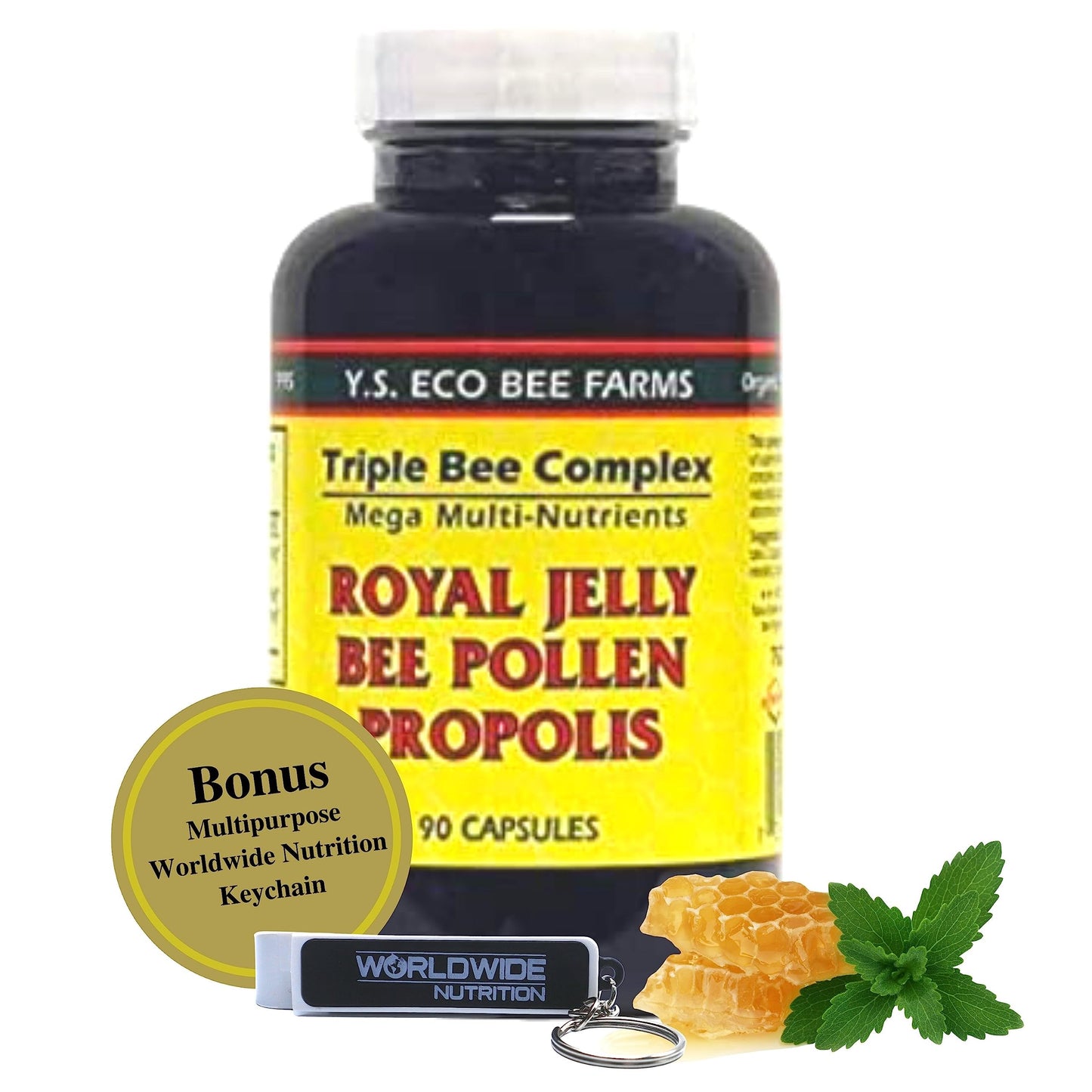 YS Organics Triple Bee Complex - Royal Jelly, Bee Pollen & Propolis | 90 Capsules + Bonus Key Chain