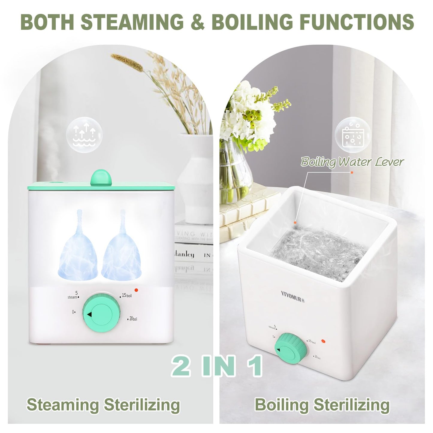 YTYOMUR Menstrual Cups with Sterilizer - 2 Reusable Cups + Cleaner Set