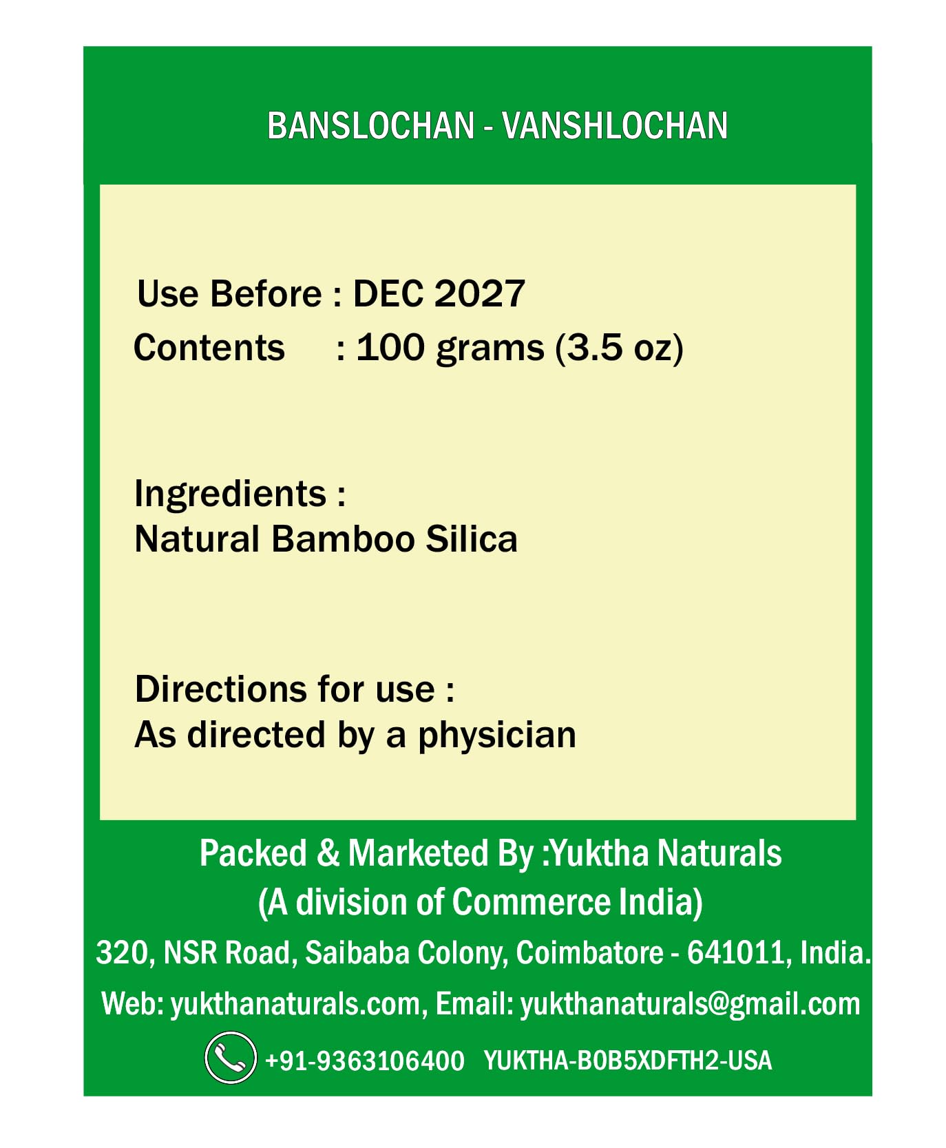 Yuktha Naturals Banslochan | Vanshlochan | Tabasheer | Tabashir Bamboo Silica - 100g