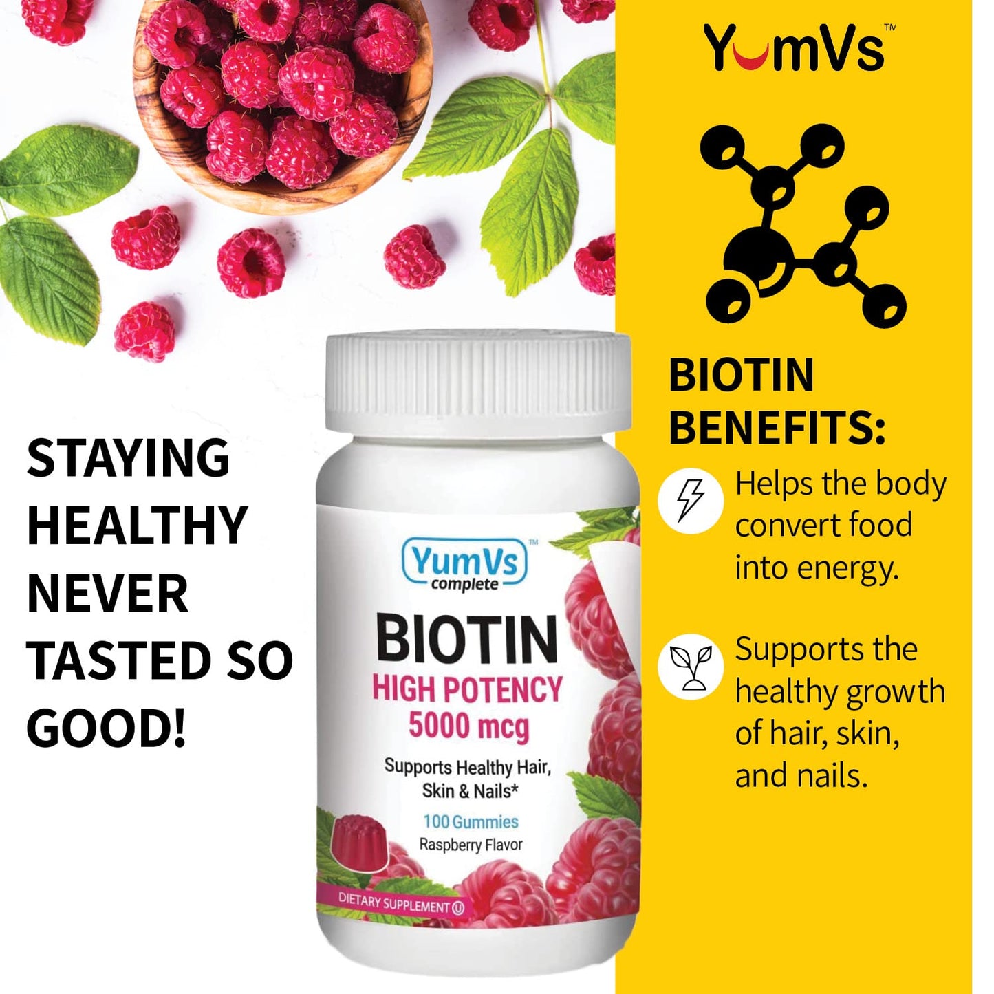 YUM-V's Biotin Gummies – 5,000 mcg High Potency Biotin, Raspberry Flavor – Kosher & Gluten-Free Hair, Skin & Nails (100 Count)
