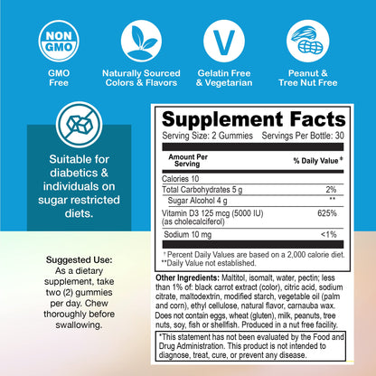 Yum-Vs - Vitamin D3 Gummies with Zero Sugar for Adults & Kids (125 mcg - 60 Count) - Sugar Free Vitamin D Gummies - Vegetarian Gummy Vitamins for Bone Support & Immune Health - Vit D3 Vitamin Chewable