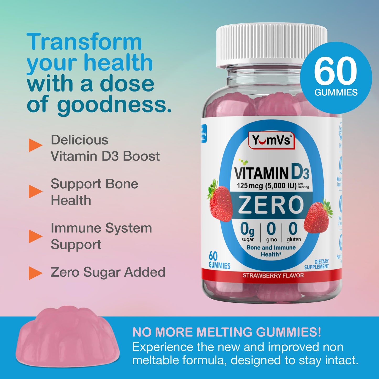Yum-Vs - Vitamin D3 Gummies with Zero Sugar for Adults & Kids (125 mcg - 60 Count) - Sugar Free Vitamin D Gummies - Vegetarian Gummy Vitamins for Bone Support & Immune Health - Vit D3 Vitamin Chewable