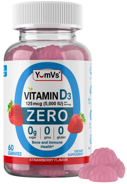Yum-Vs - Vitamin D3 Gummies with Zero Sugar for Adults & Kids (125 mcg - 60 Count) - Sugar Free Vitamin D Gummies - Vegetarian Gummy Vitamins for Bone Support & Immune Health - Vit D3 Vitamin Chewable