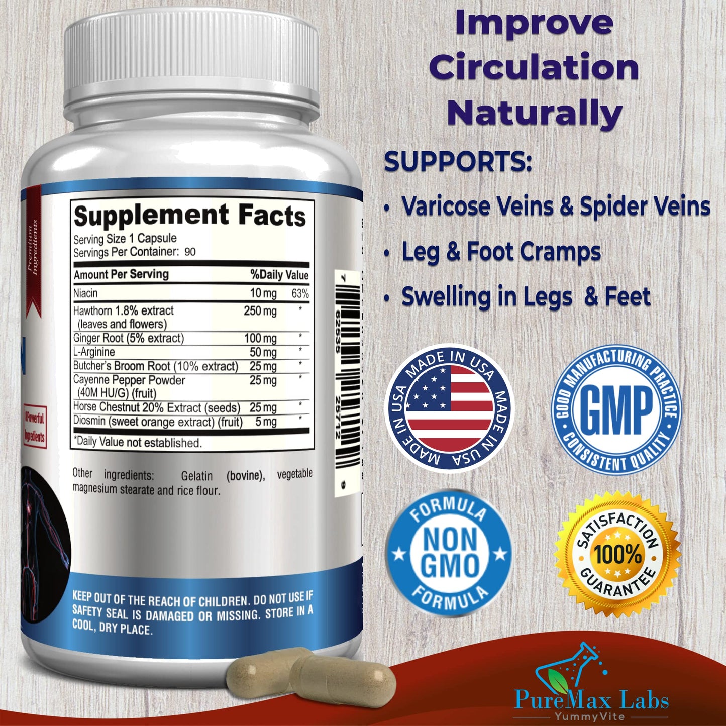 YUMMYVITE Blood Circulation Supplement - Varicose Veins Support - 90 Capsules