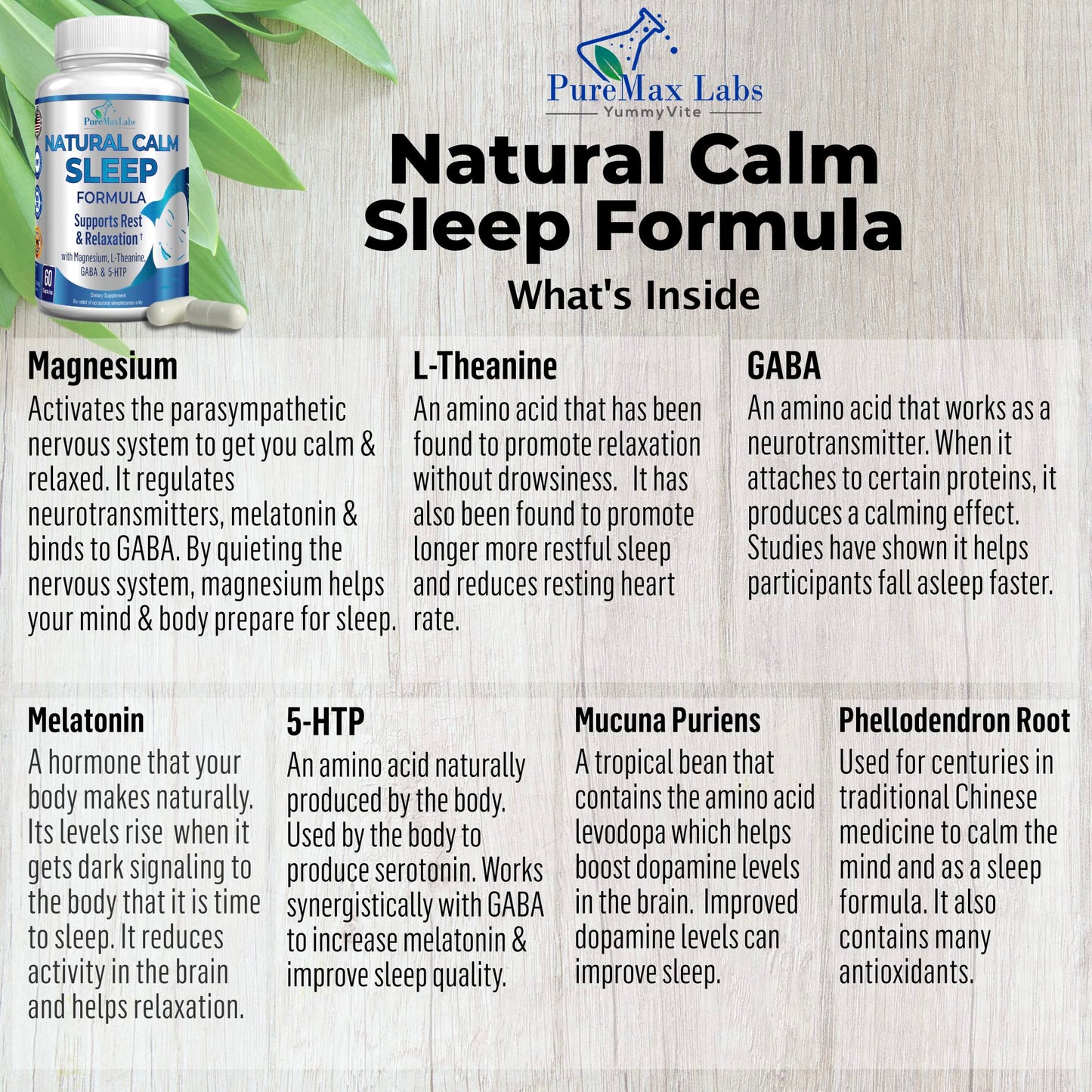 YUMMYVITE Natural Calm Sleep Aid – Magnesium, L-Theanine, Melatonin | 60 Capsules (Pack of 2) Non-GMO