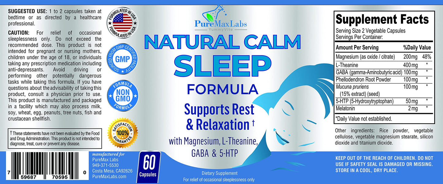 YUMMYVITE Natural Calm Sleep Aid – Magnesium, L-Theanine, Melatonin | 60 Capsules (Pack of 2) Non-GMO