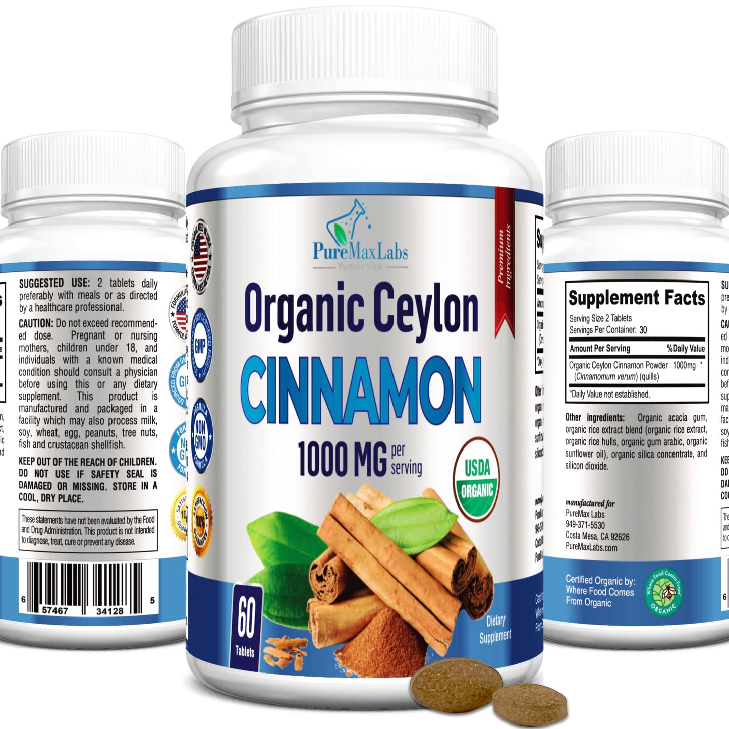 YUMMYVITE Organic Ceylon Cinnamon - 1000mg per Serving, True Cinnamon Supplement, 60 Tablets