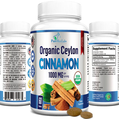 YUMMYVITE Organic Ceylon Cinnamon - 1000mg per Serving, True Cinnamon Supplement, 60 Tablets
