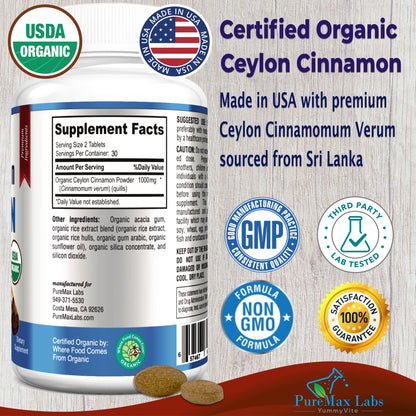 YUMMYVITE Organic Ceylon Cinnamon - 1000mg per Serving, True Cinnamon Supplement, 60 Tablets